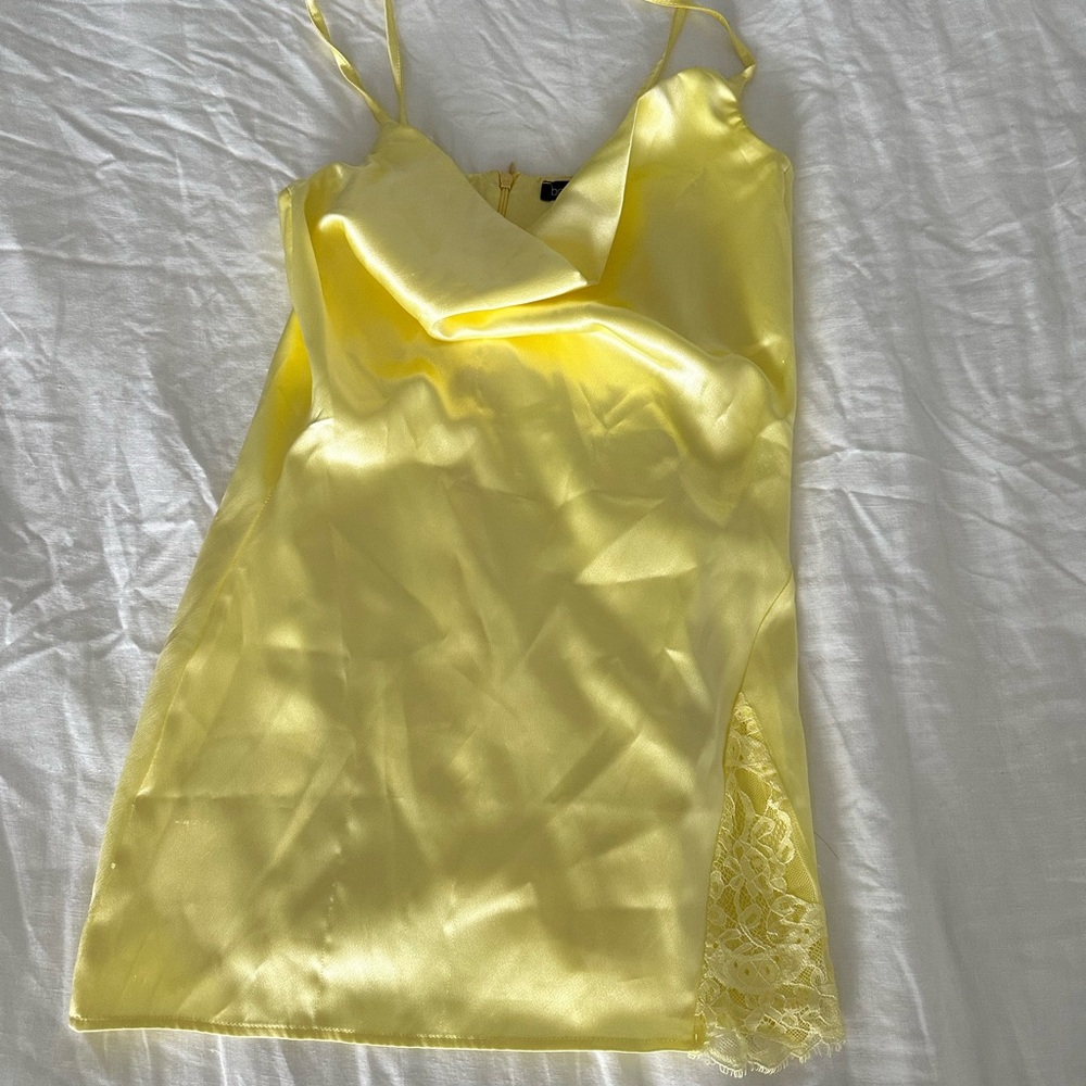 Yellow Satin Slip Dress with Lace Detail